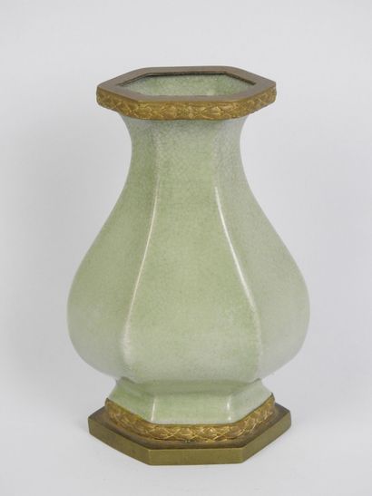 CHINA: Small celadon porcelain vase, gilt...