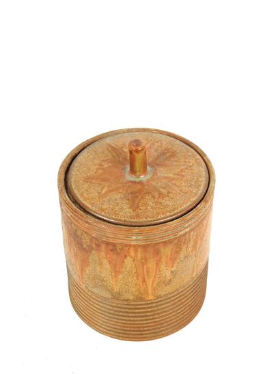 DENBAC: Covered cylindrical box in brown...