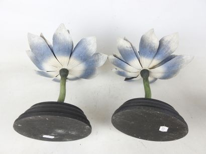 THREE LOTUS FLOWERS in blue and white painted...