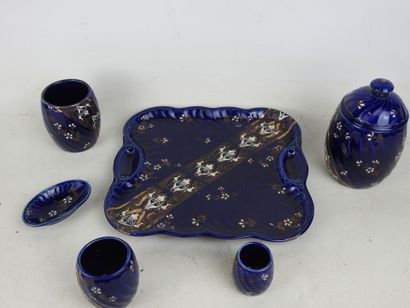 SARREGUEMINES: Smoker's set in blue earthenware...