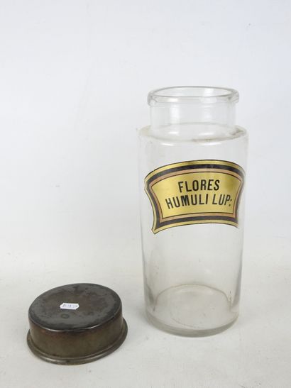 PHARMACY JUG in glass with metal lid. Paper...