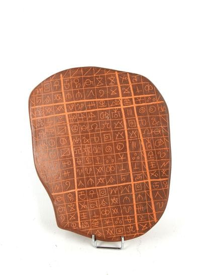 Free-form enameled clay PLAQUE with incised...