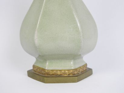 CHINA: Small celadon porcelain vase, gilt...