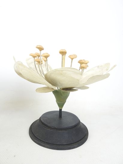 THREE LOTUS FLOWERS in blue and white painted...