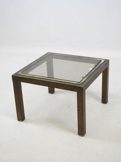 Square low table in gilded metal with smoked...