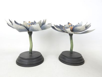 THREE LOTUS FLOWERS in blue and white painted...