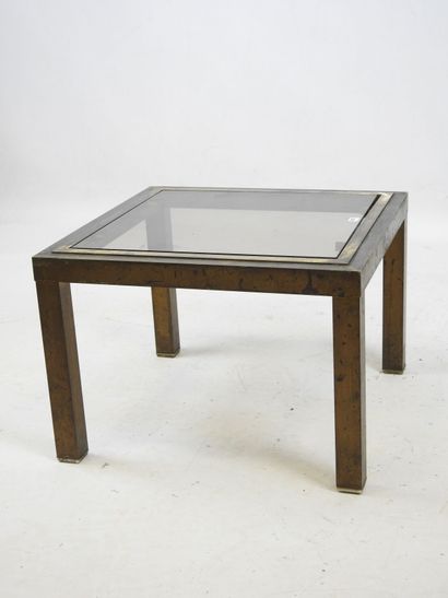 Square low table in gilded metal with smoked...