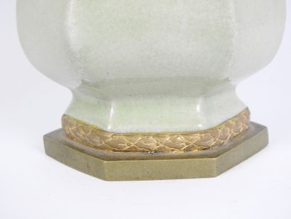CHINA: Small celadon porcelain vase, gilt...