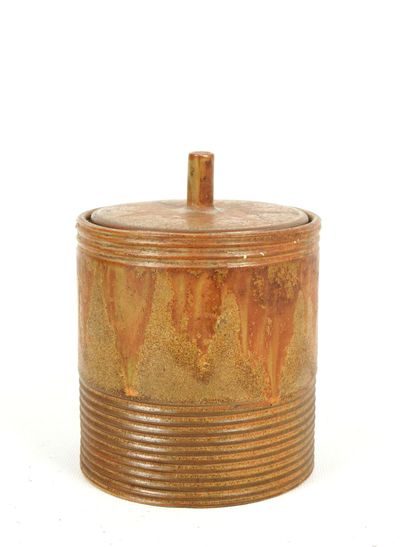 DENBAC: Covered cylindrical box in brown...