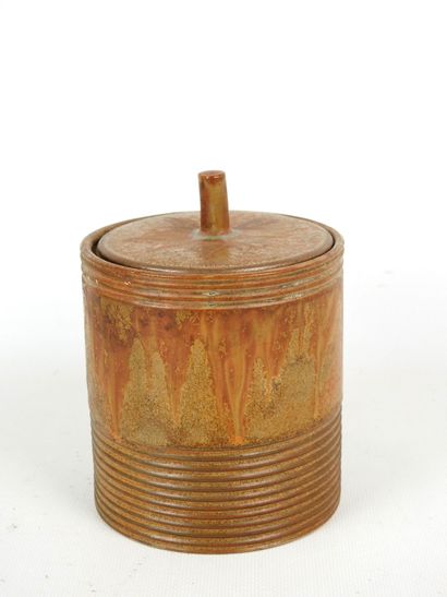 DENBAC: Covered cylindrical box in brown...