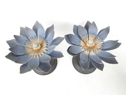 THREE LOTUS FLOWERS in blue and white painted...