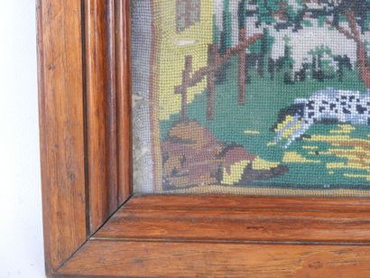 Antique beaded embroidery depicting a hunting...
