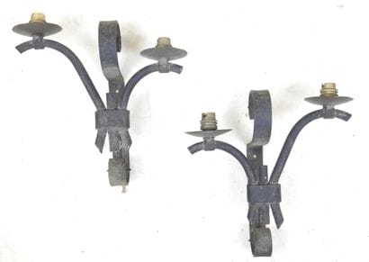 Two wrought-iron APPLIQUES with two asymmetrical...
