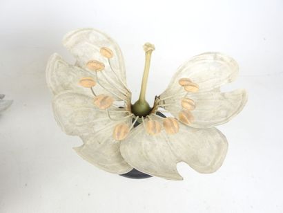 THREE LOTUS FLOWERS in blue and white painted...