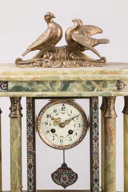 Green onyx, cloisonné and bronze mantelpiece...