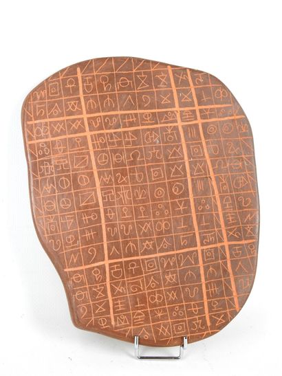 Free-form enameled clay PLAQUE with incised...
