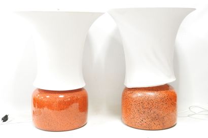 PAIR OF LAMPS in orange ceramic with black...