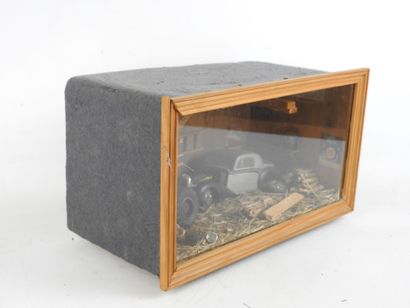 DIORAMA of a garage with motorcycle and automobile....