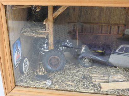 DIORAMA of a garage with motorcycle and automobile....