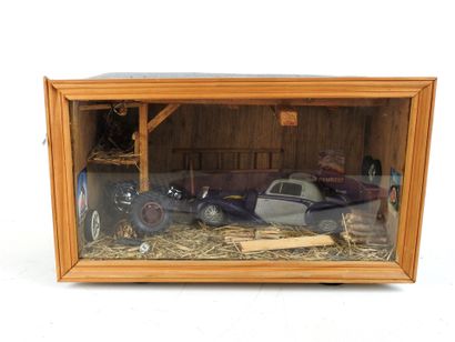 DIORAMA of a garage with motorcycle and automobile....