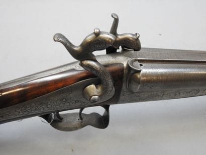 Fusil à broche, calibre 24. Canon damas marqué...