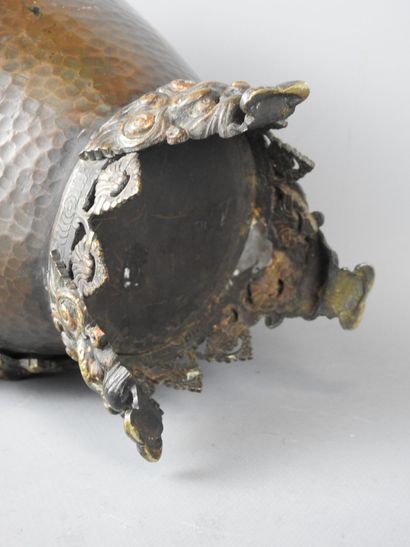 A hammered copper baluster vase with Japanese...
