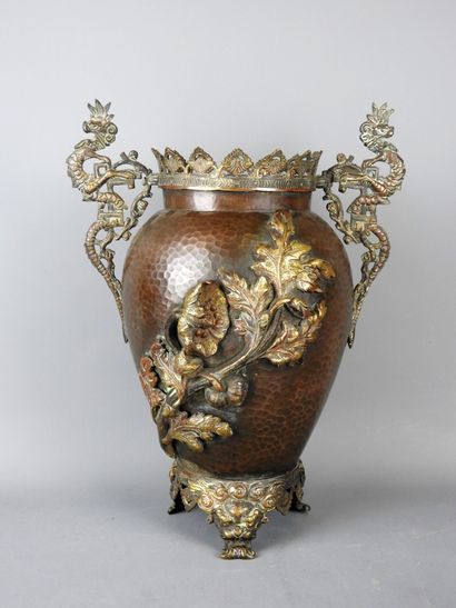 A hammered copper baluster vase with Japanese...