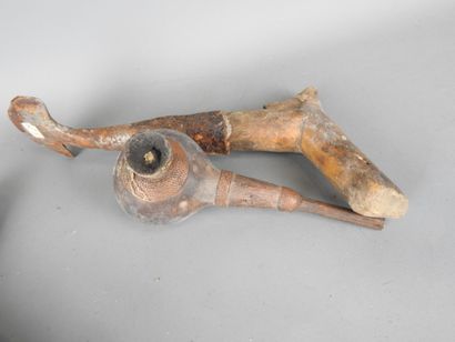 TWO KUBA PIPES in carved wood and metal....