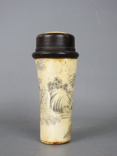 CHINA: Bone pencil box engraved with figures...
