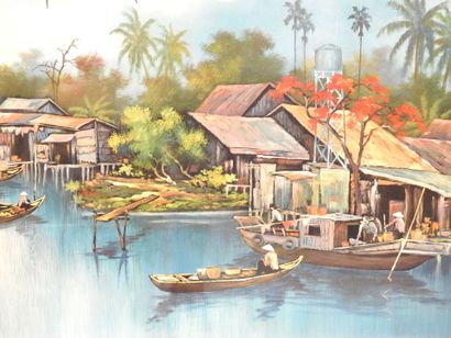 VIETNAM, Hanoi : Paysage lacustre. Panneau...