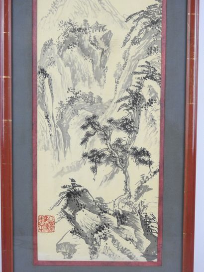 CHINA: Landscape. Ink on silk. Red stamp...