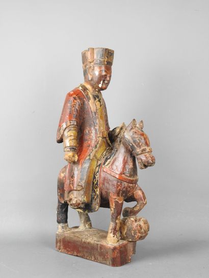 CHINA: Carved wooden reliquary horseman painted...