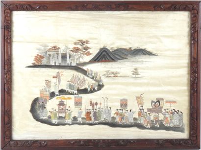 VIETNAM. Embroidered silk panel depicting...