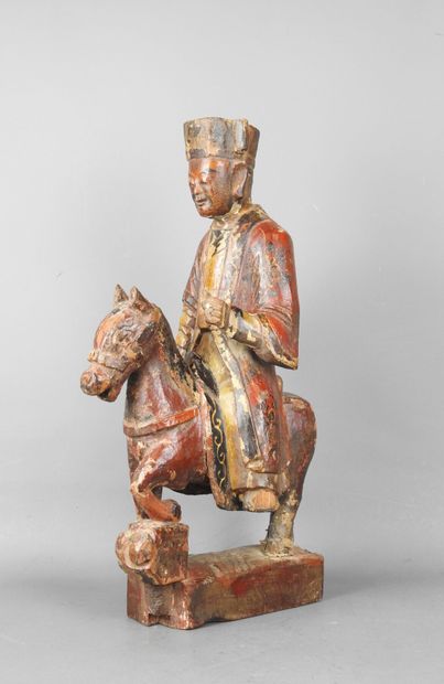 CHINA: Carved wooden reliquary horseman painted...
