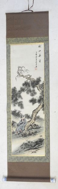 KAKEMONO : Lettré au pied d'un arbre. Peinture...