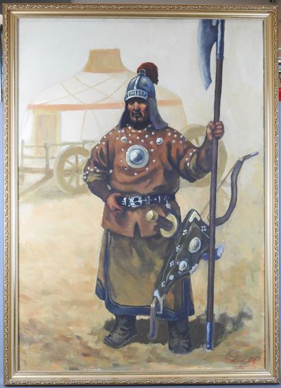 MONGOLIAN WARRIOR. Oil on canvas. Signed...