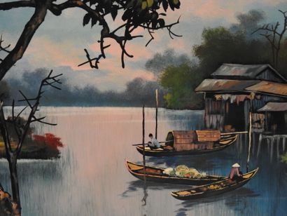 VIETNAM, Hanoi : Paysage lacustre. Panneau...