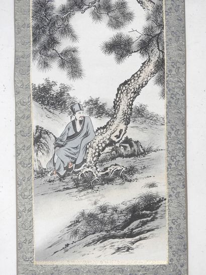 KAKEMONO : Lettré au pied d'un arbre. Peinture...