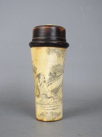 CHINA: Bone pencil box engraved with figures...