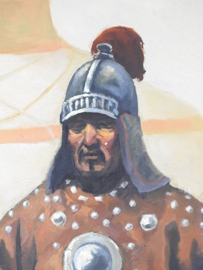 MONGOLIAN WARRIOR. Oil on canvas. Signed...