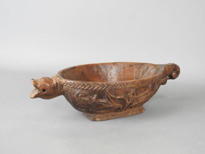 Carved wood NAVETTE with zoomorphic and floral...