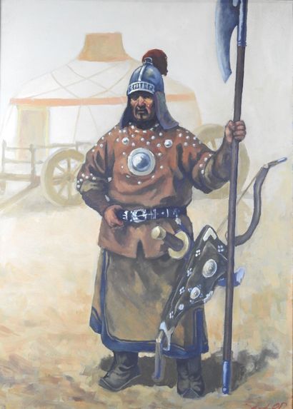 MONGOLIAN WARRIOR. Oil on canvas. Signed...