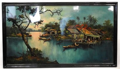 VIETNAM, Hanoi : Paysage lacustre. Panneau...