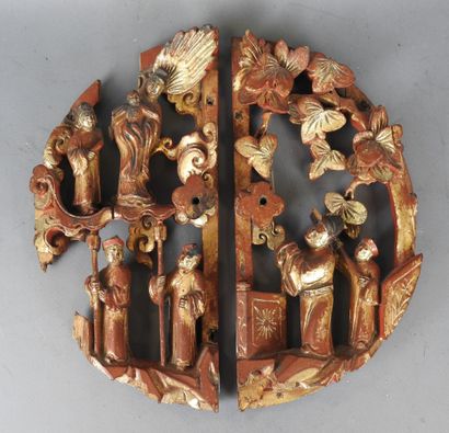CHINA: Two semi-circular ornaments in red...