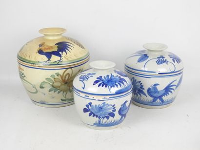 ASIA. Three covered ceramic pots decorated...