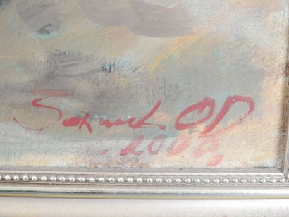MONGOLIAN WARRIOR. Oil on canvas. Signed...