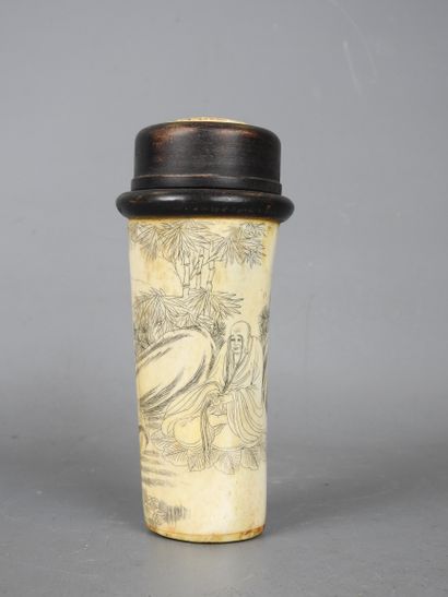 CHINA: Bone pencil box engraved with figures...