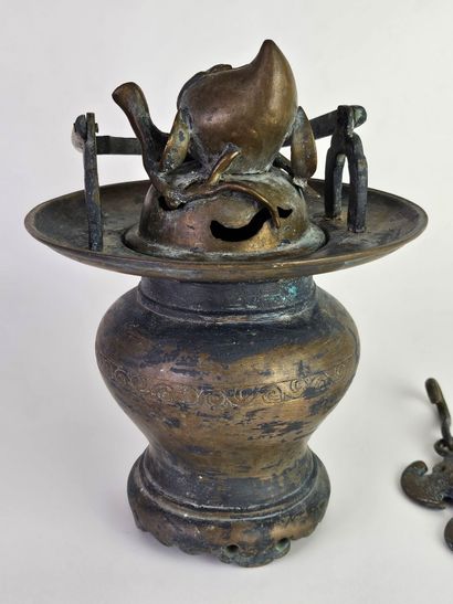 CHINE, XIXe.
Brûle parfum suspendu en bronze...