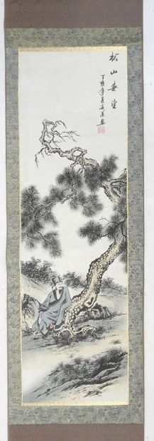 KAKEMONO : Lettré au pied d'un arbre. Peinture...