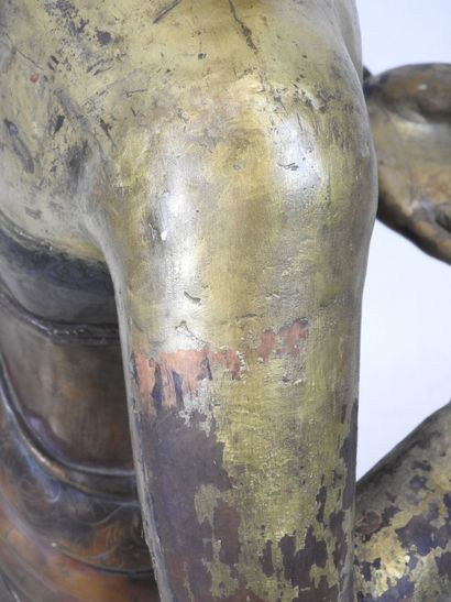 DISCIPLE de BOUDDHA en cuivre repoussé doré,...